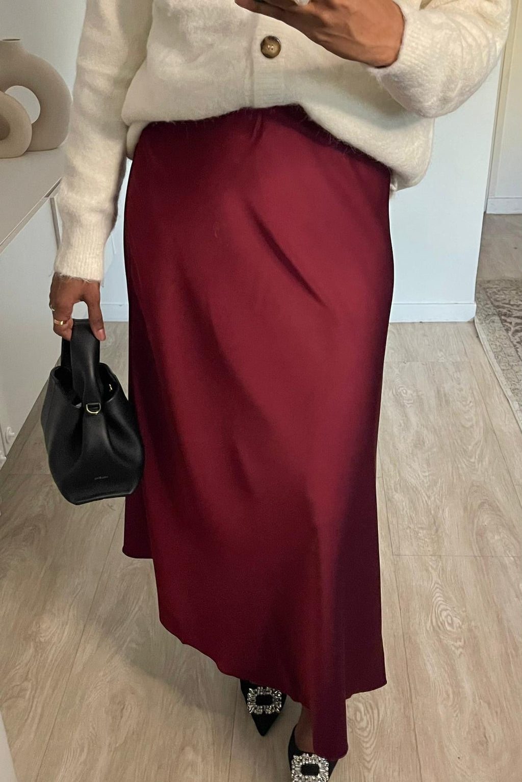Jupe trapèze satinée bordeaux