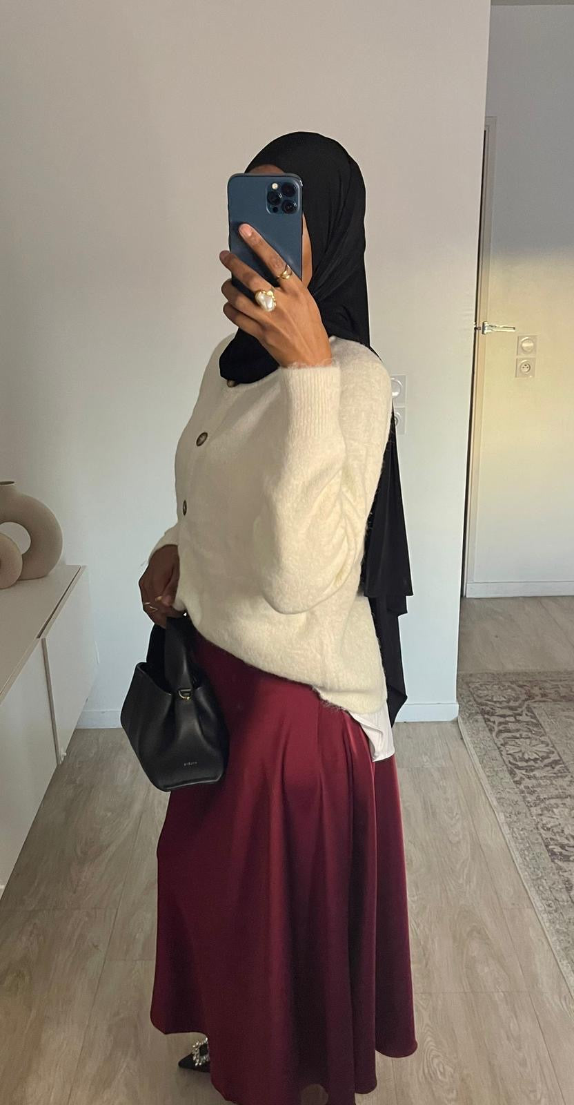 Jupe trapèze satinée bordeaux