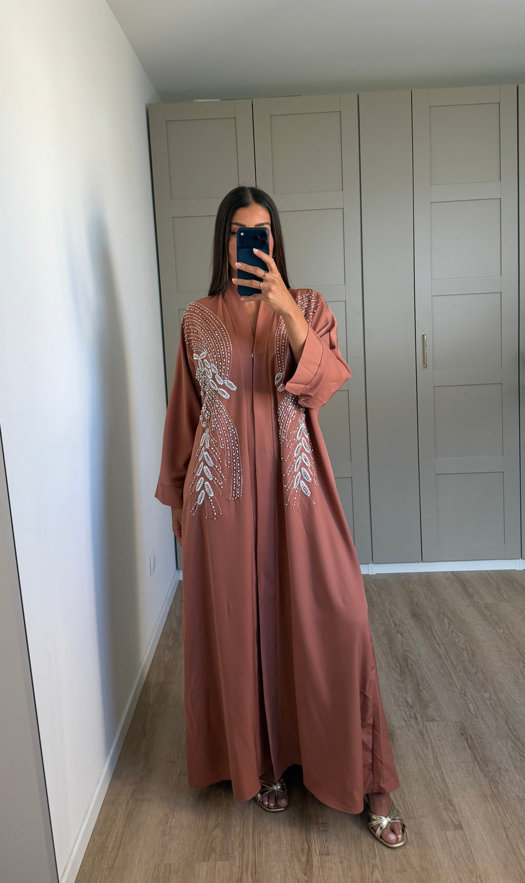 Abaya perlée rose saumon