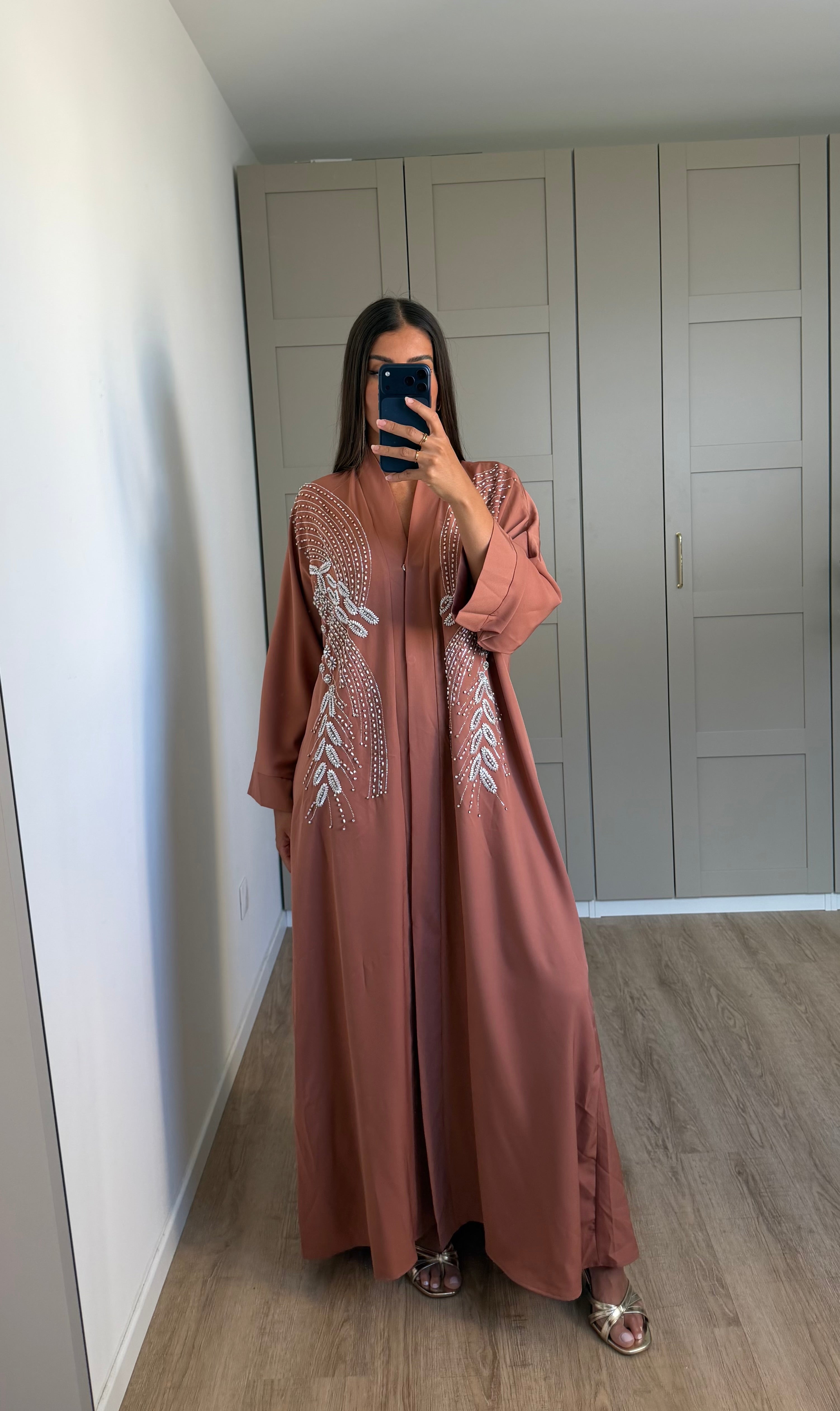 Abaya perlée rose saumon