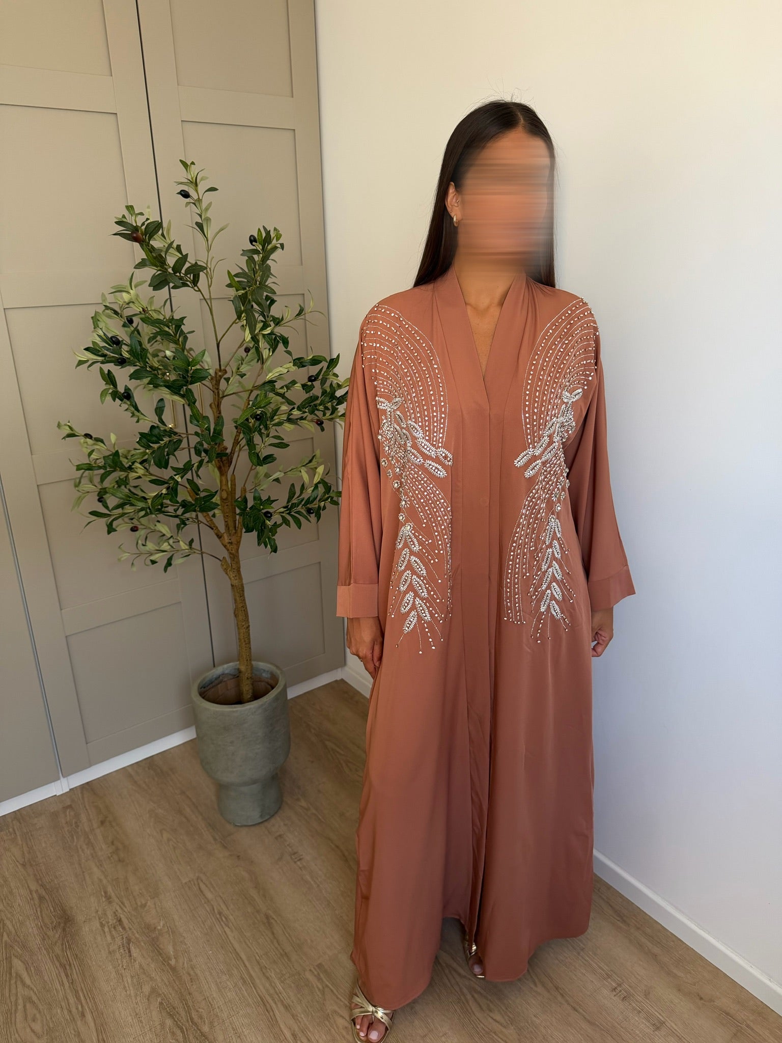 Abaya perlée rose saumon